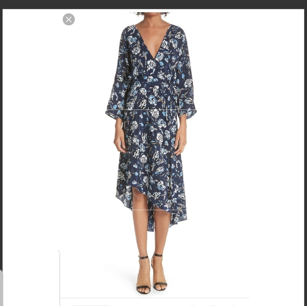 DVF Women's silk Asymmetric ruffle Hem Midi  Dress